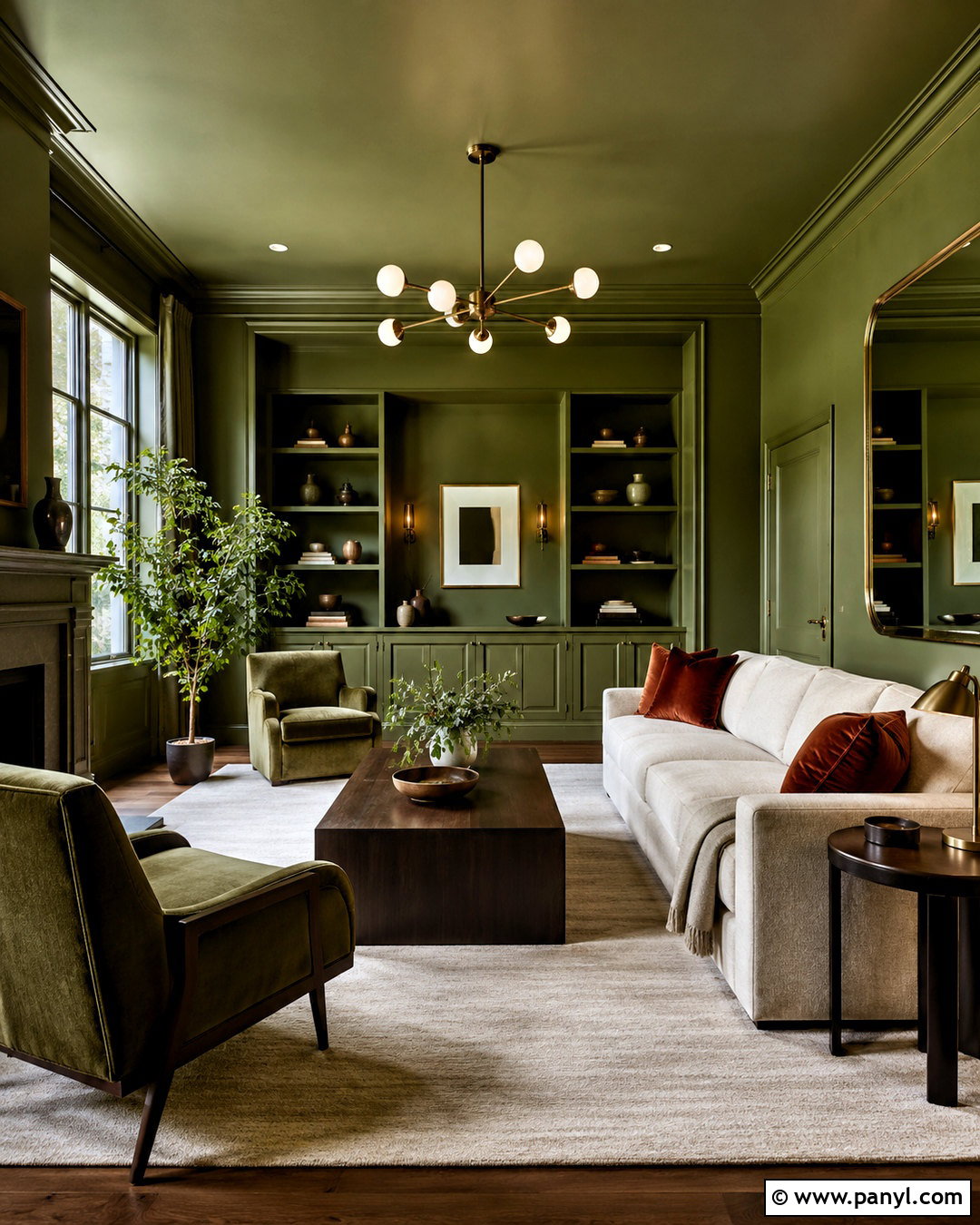 Olive Green Color-Drenched Living Room - 40 olive green walls
