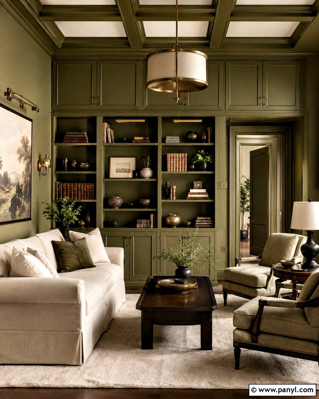 Olive Green Color Drenched Living Room - 20 olive green walls living room ideas