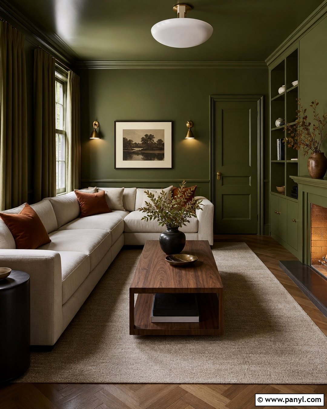 Olive Green Color Drenched Living Room - 20 Olive Green Wall Living Room Ideas