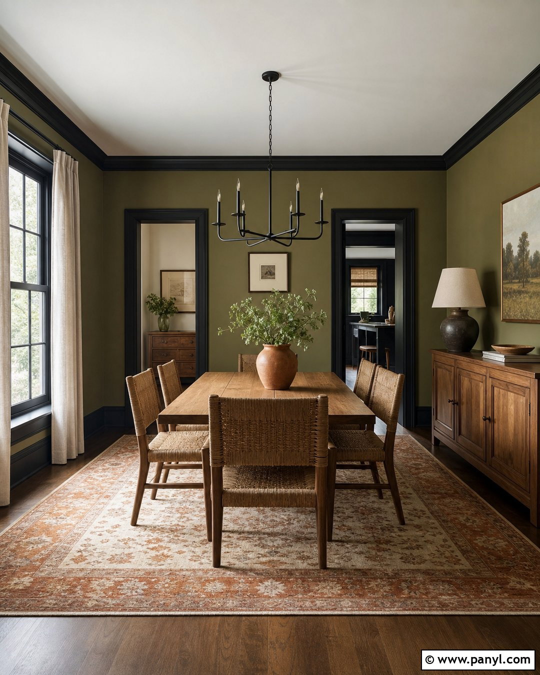 Olive Green Dining Room With Black Trim - 25 Green Wall Black Trim Ideas