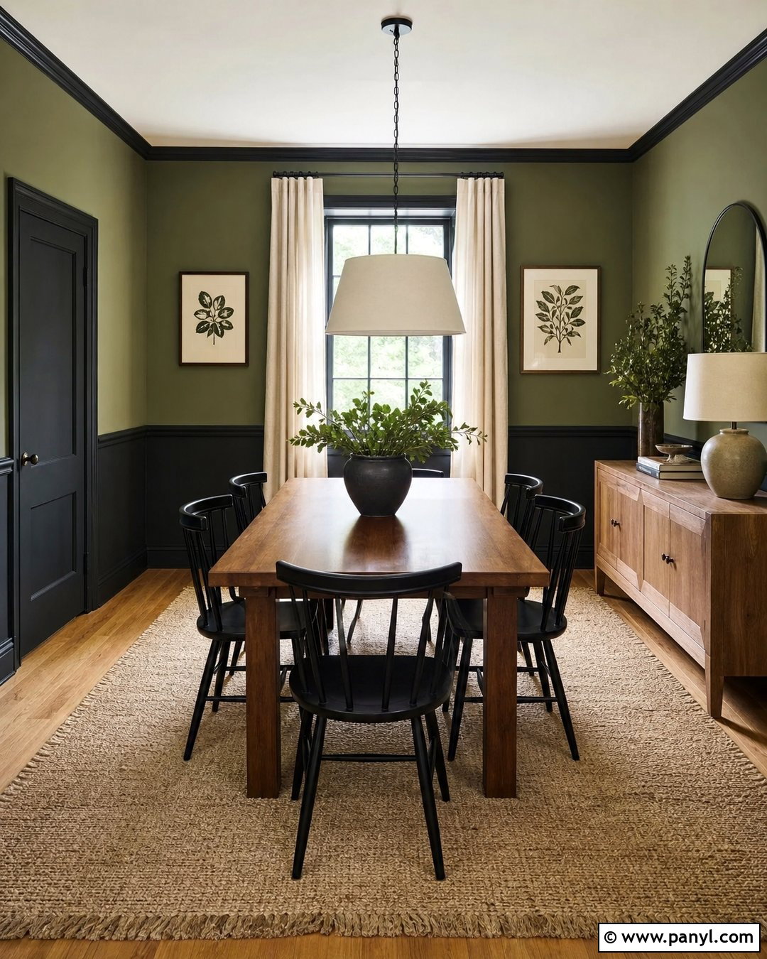 Olive Green Dining Room With Black Trim - 25 Green Walls With Black Trim Ideas