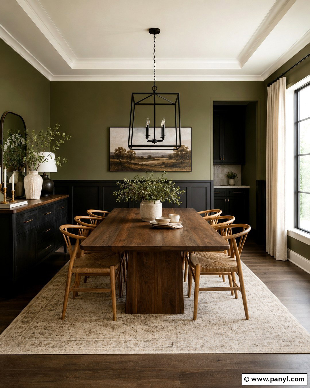 Olive Green Dining Room With Black Wainscoting - 20 Green And Black Painted Room Ideas