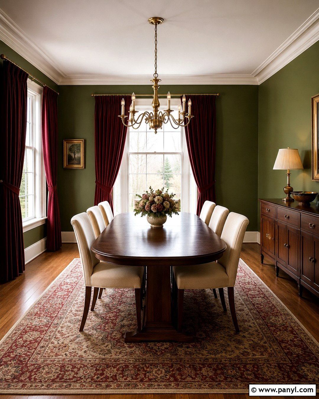 Olive Green Dining Room With Burgundy Curtains - 20 Green Walls Red Curtains
