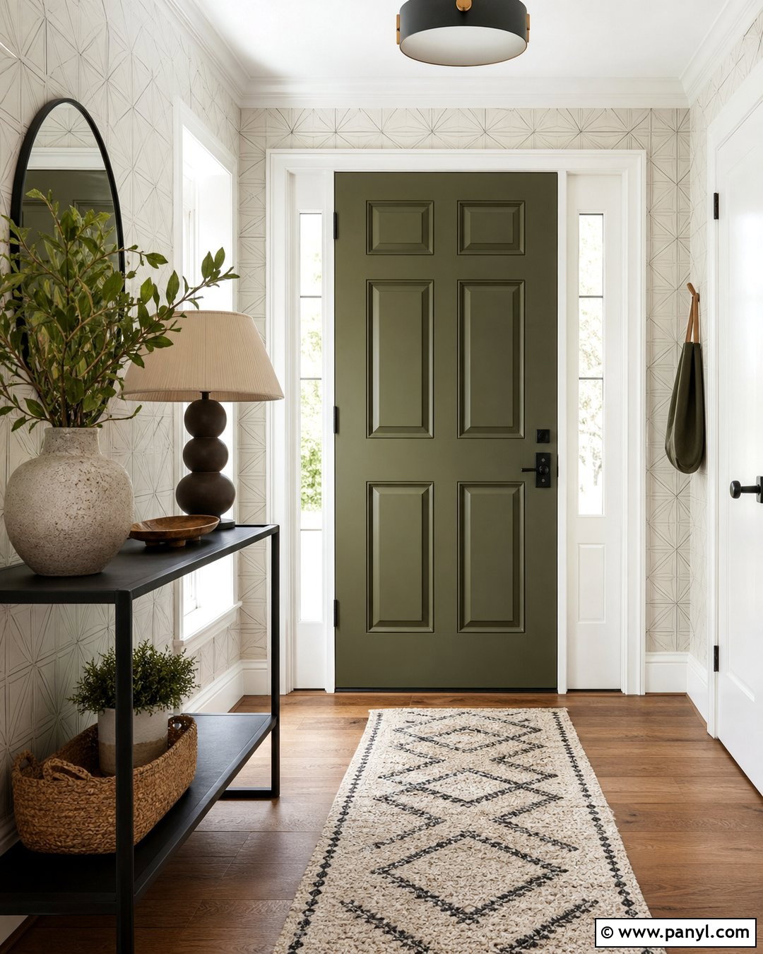 Olive Green Door With Geometric Wallpaper - 20 Green Door With Patterned Wall Ideas