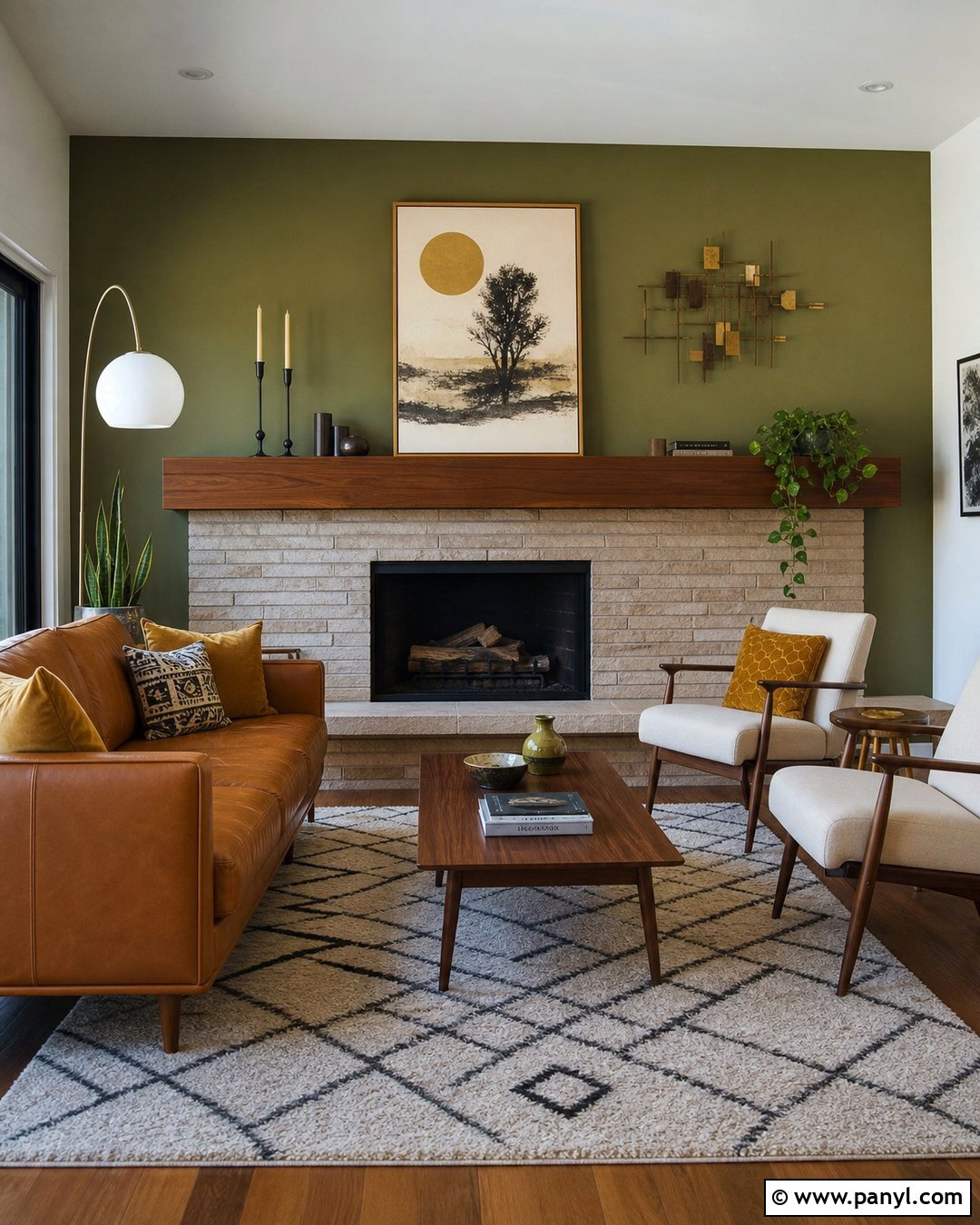 Olive Green Fireplace Wall In A Mid-Century Living Room - 20 Olive Green Fireplace Wall Ideas