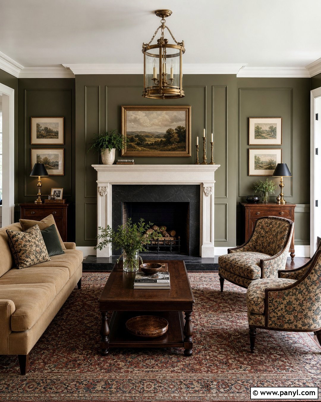 Olive Green Fireplace Wall In A Traditional Living Room - 20 Olive Green Fireplace Wall Ideas