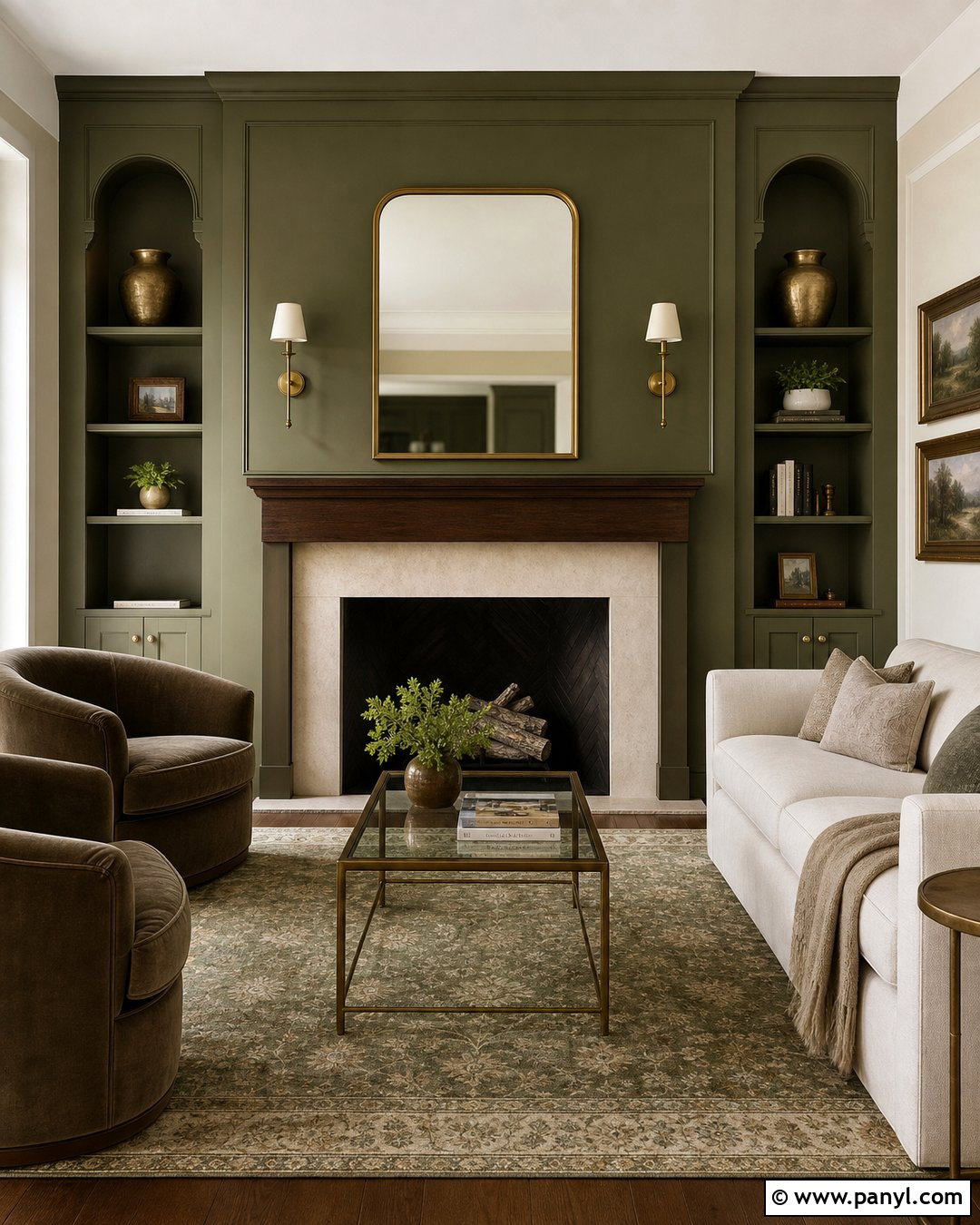 Olive Green Fireplace Wall With Brass Accents - 20 Olive Green Fireplace Wall Ideas