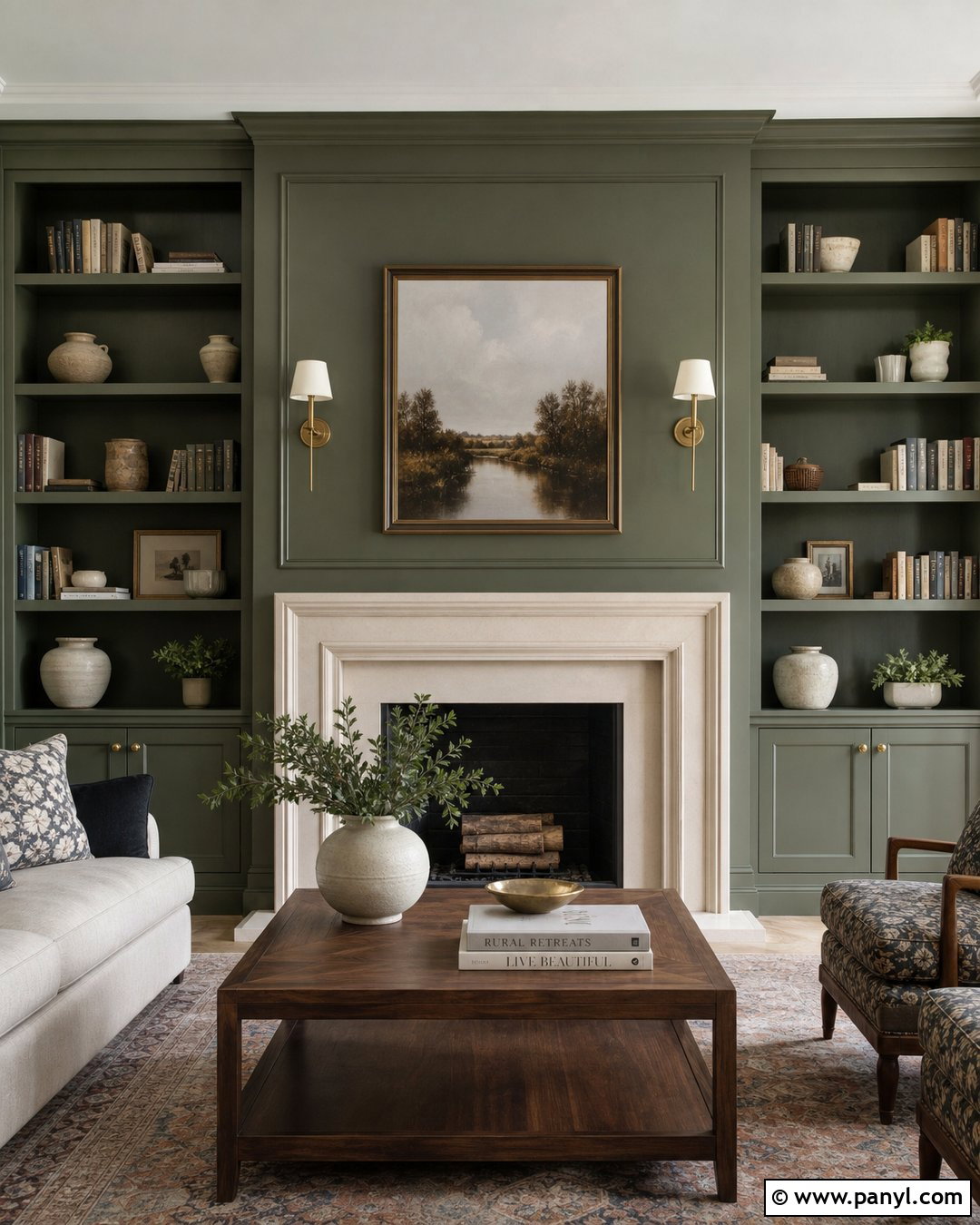 Olive Green Fireplace Wall With Built-In Bookcases - 20 Olive Green Fireplace Wall Ideas