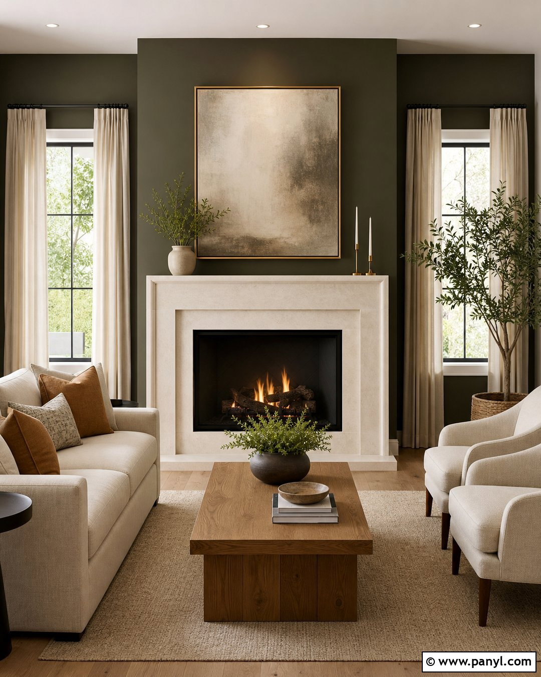 Olive Green Fireplace Wall With Cream Furniture - 20 Olive Green Fireplace Wall Ideas
