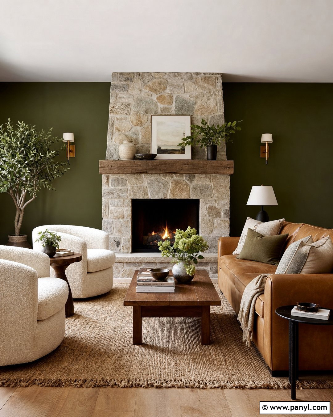 Olive Green Fireplace Wall With Natural Stone - 20 Olive Green Fireplace Wall Ideas