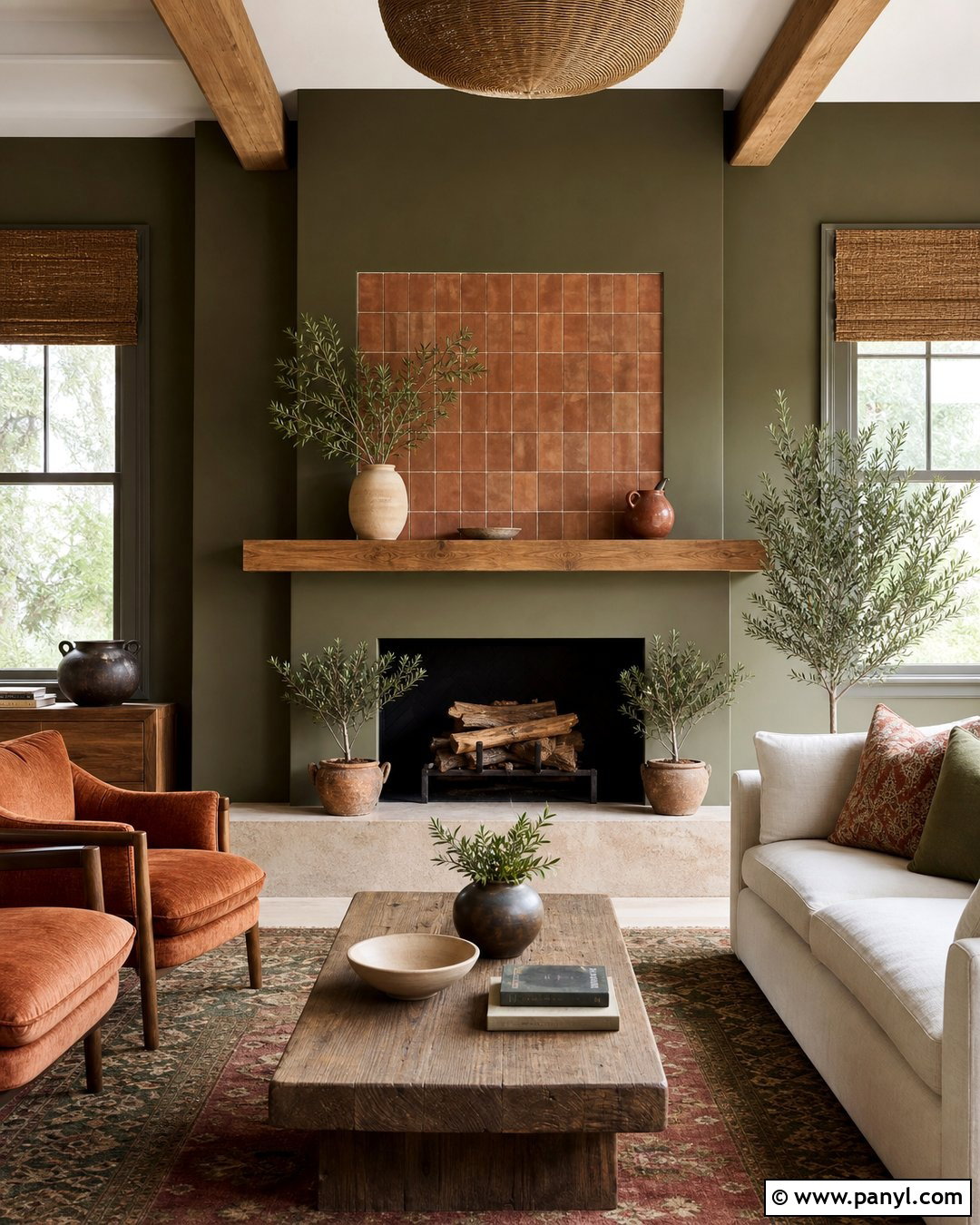 Olive Green Fireplace Wall With Terracotta Decor - 20 Olive Green Fireplace Wall Ideas