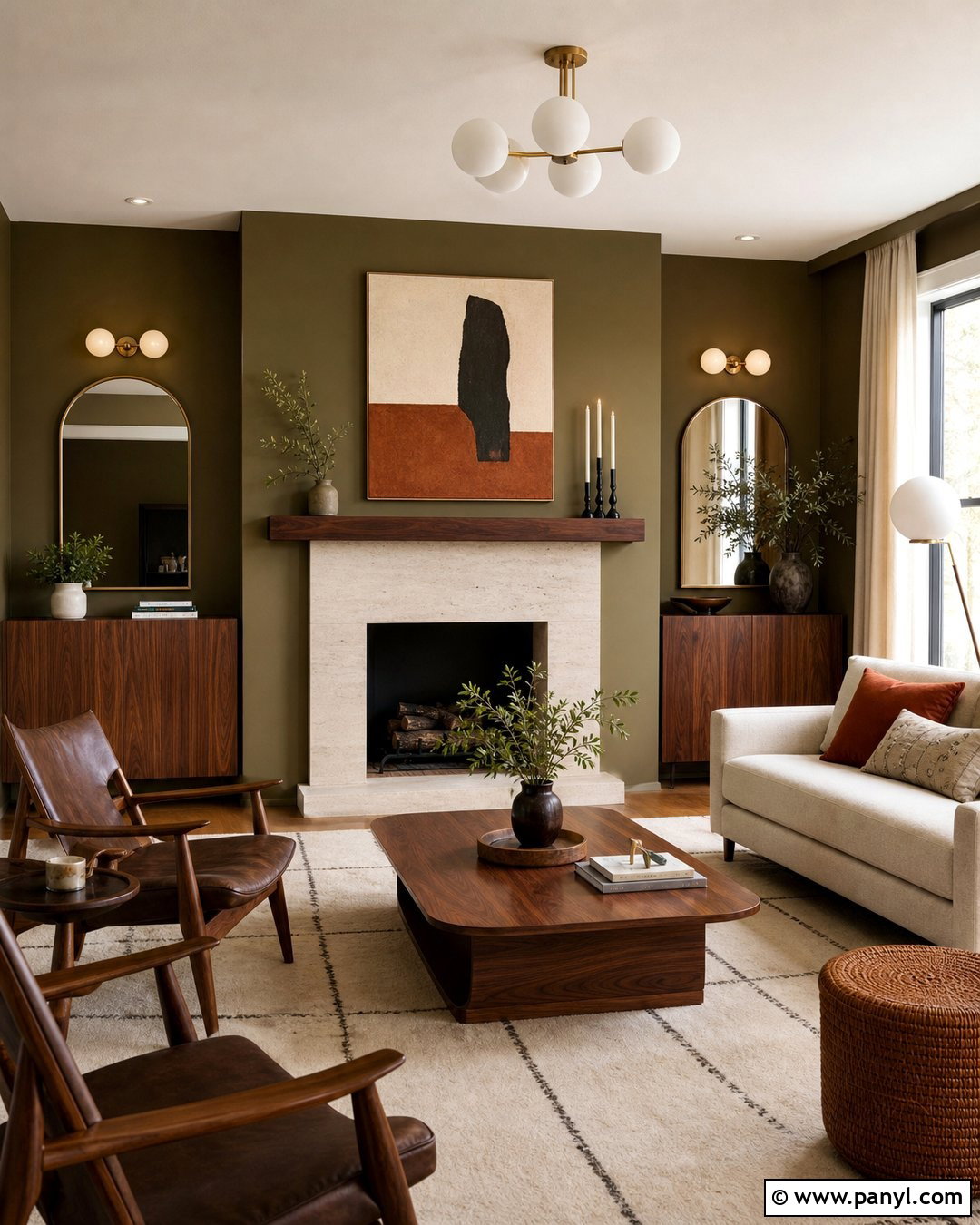 Olive Green Fireplace Wall With Walnut Furniture - 20 Olive Green Fireplace Wall Ideas
