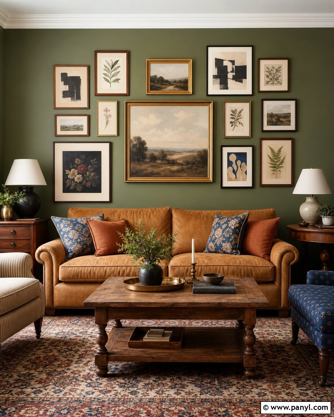 Olive Green Gallery Wall - 20 Olive Green Wall Living Room Ideas