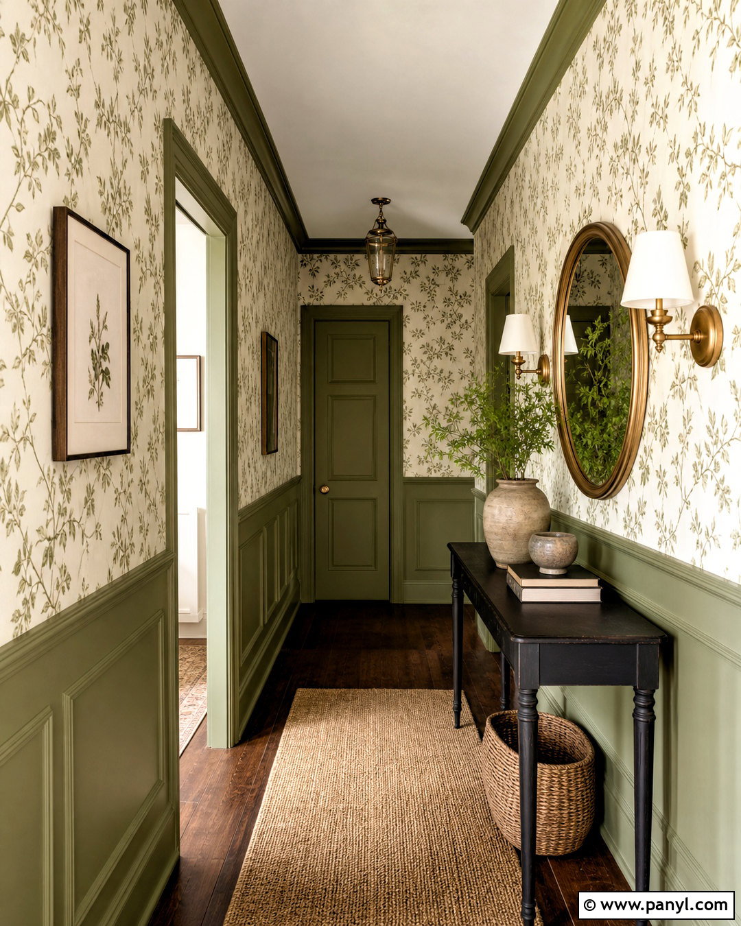 Olive Green Hallway With Botanical Wallpaper - 20 olive green hallway ideas
