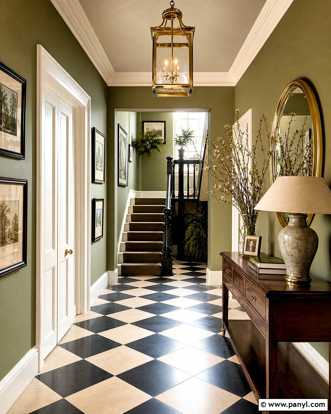 Olive Green Hallway With Checkerboard Flooring - 20 olive green hallway ideas