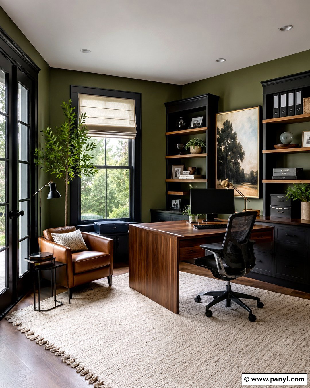 Olive Green Home Office With Black Trim - 20 Olive Green Walls With Black Trim Ideas