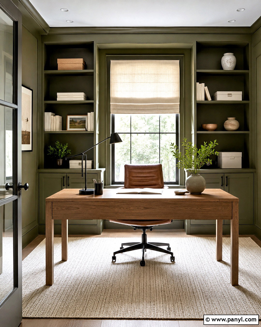 Olive Green Home Office With Built-In Shelves - 20 olive green room ideas