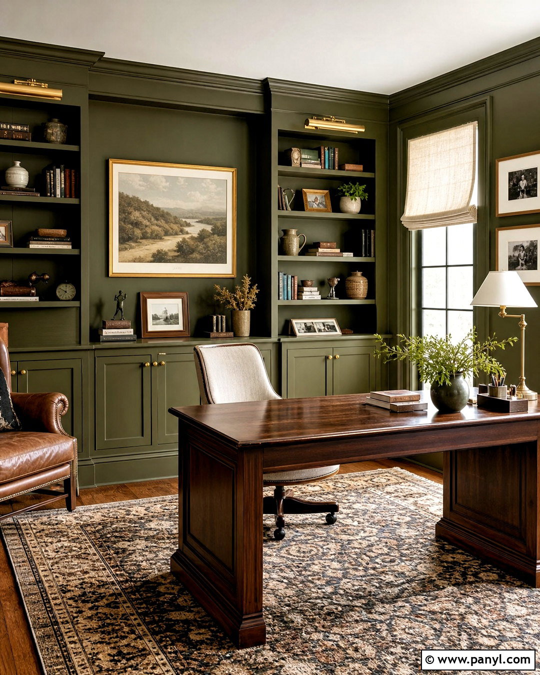Olive Green Home Office With Built-In Shelves - 20 olive green interior design ideas