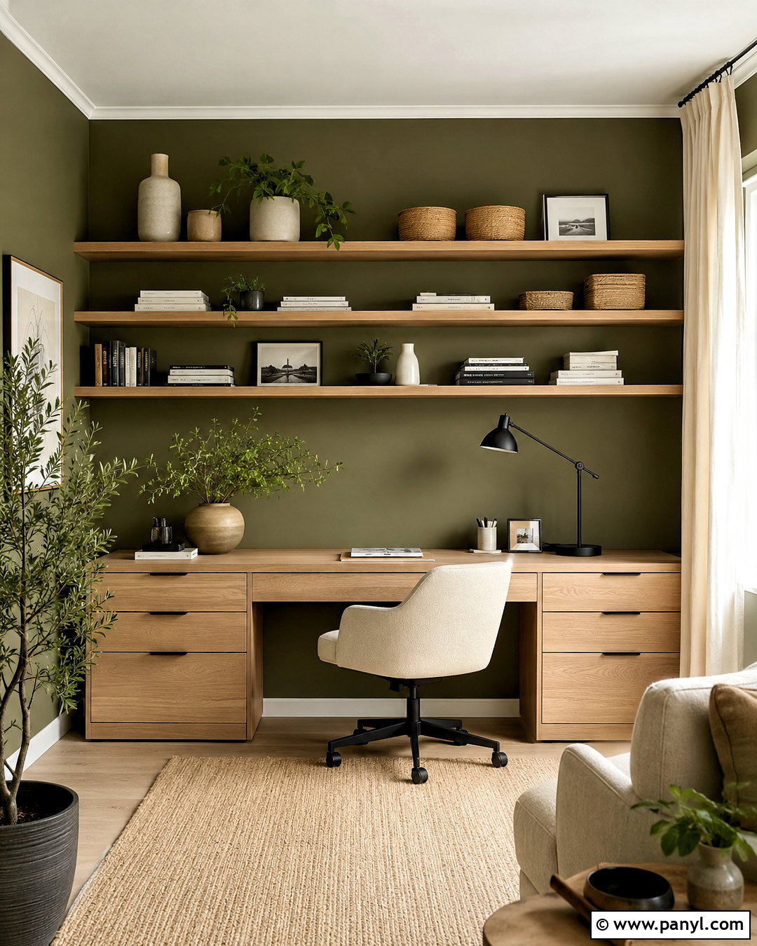 Olive Green Home Office With Light Oak Shelves - 40 olive green walls