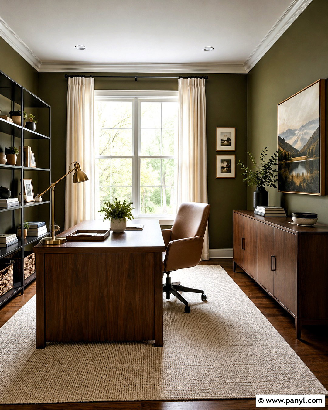 Olive Green Home Office With Walnut Desk - 40 olive green walls