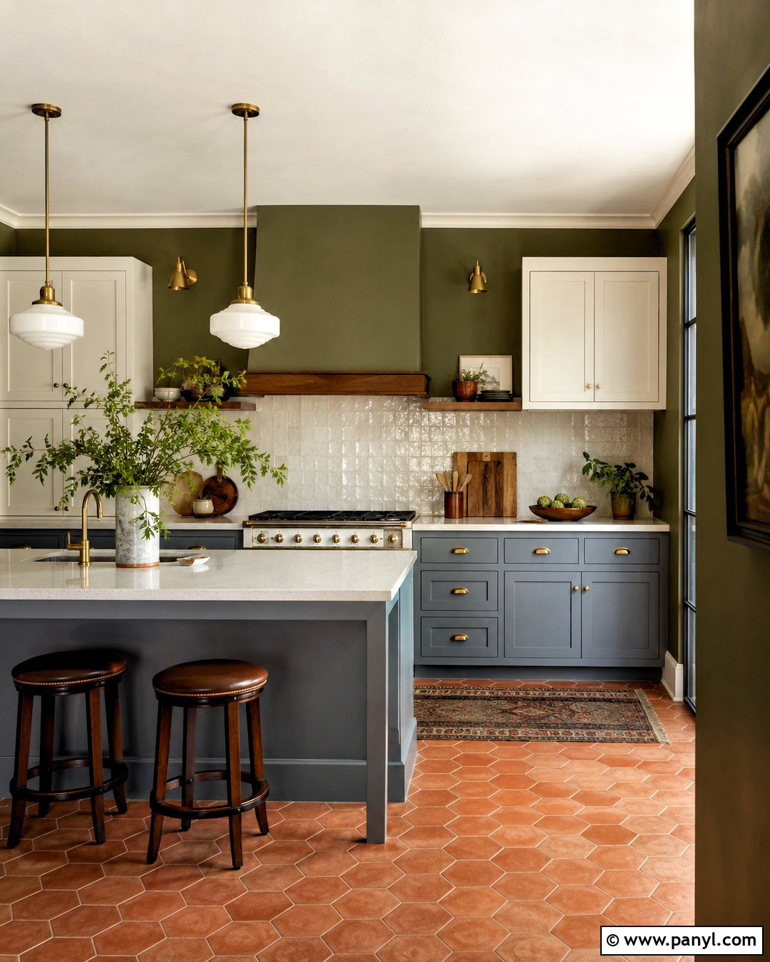 Olive Green Kitchen Walls With Blue-Gray Cabinets - 40 olive green walls