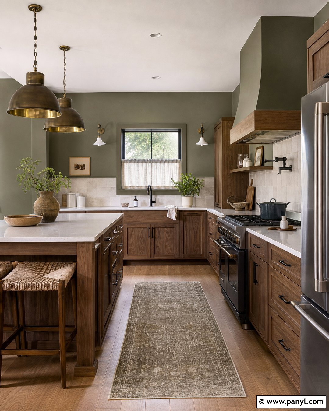 Olive Green Kitchen With Natural Wood Cabinets - 20 Dark Walls Unpainted Woodwork Ideas