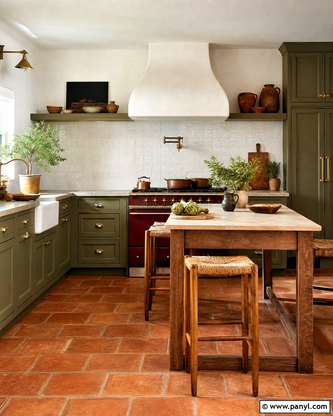Olive Green Kitchen With Terracotta Floor - 20 green and red kitchen ideas