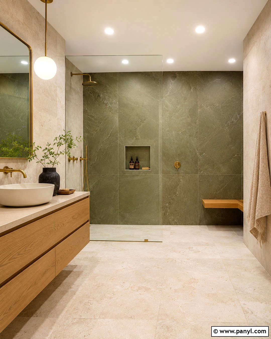 Olive Green Large Format Shower Wall - 20 Green Accent Wall Shower Ideas