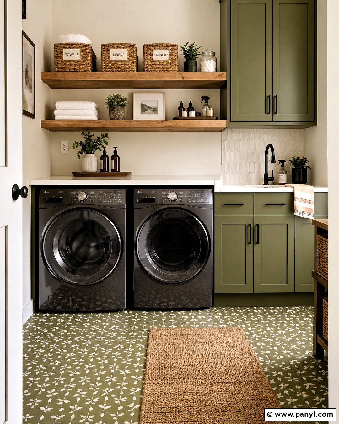 Olive Green Laundry Room With Wood Shelves - 20 olive green room ideas