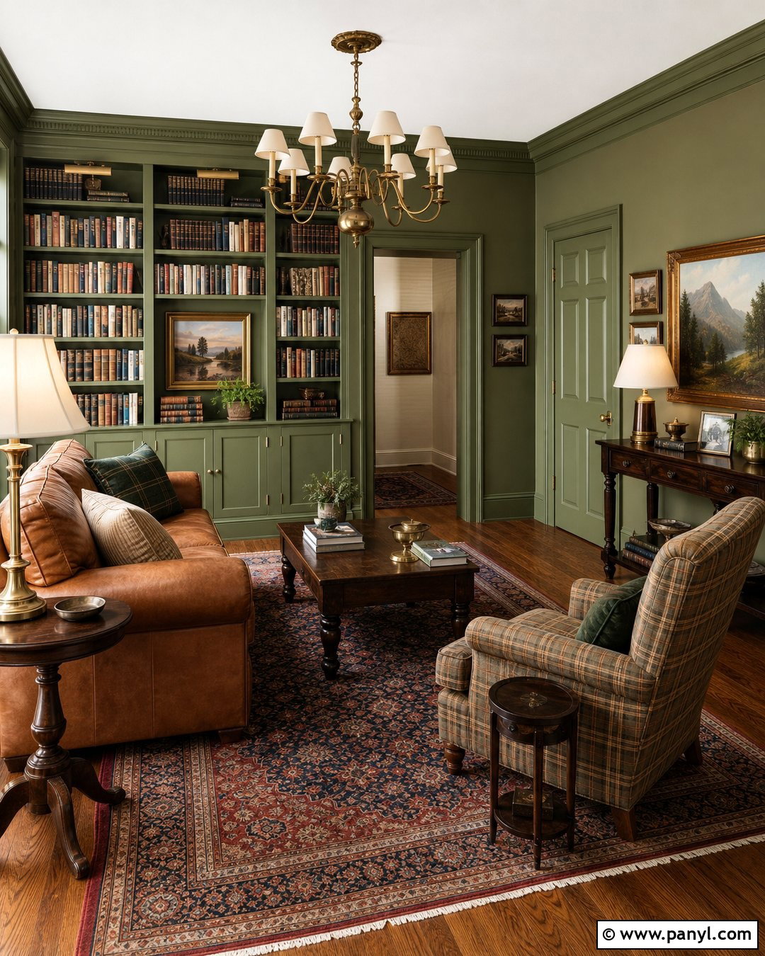 Olive Green Library Walls And Trim - 25 Same Color Trim And Walls