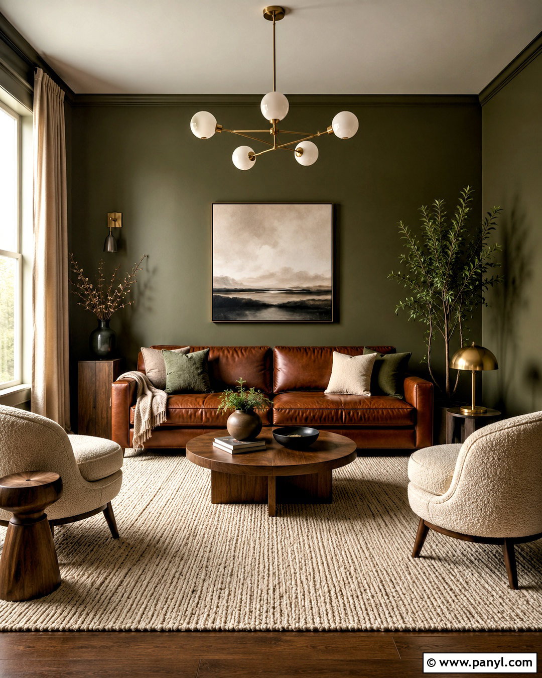 Olive Green Living Room With Cognac Leather - 40 olive green walls