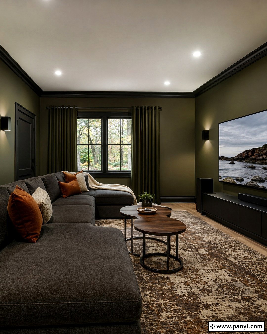 Olive Green Media Room With Black Trim - 20 Olive Green Walls With Black Trim Ideas