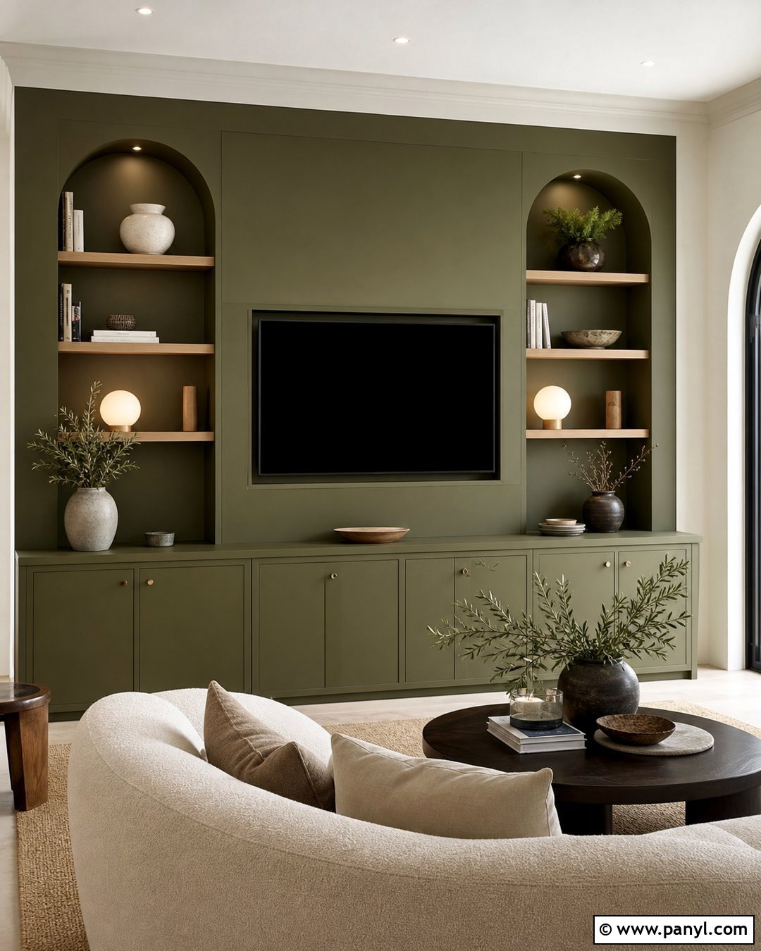 Olive Green Media Wall With Arched Shelves - 20 Olive Green Media Wall Ideas