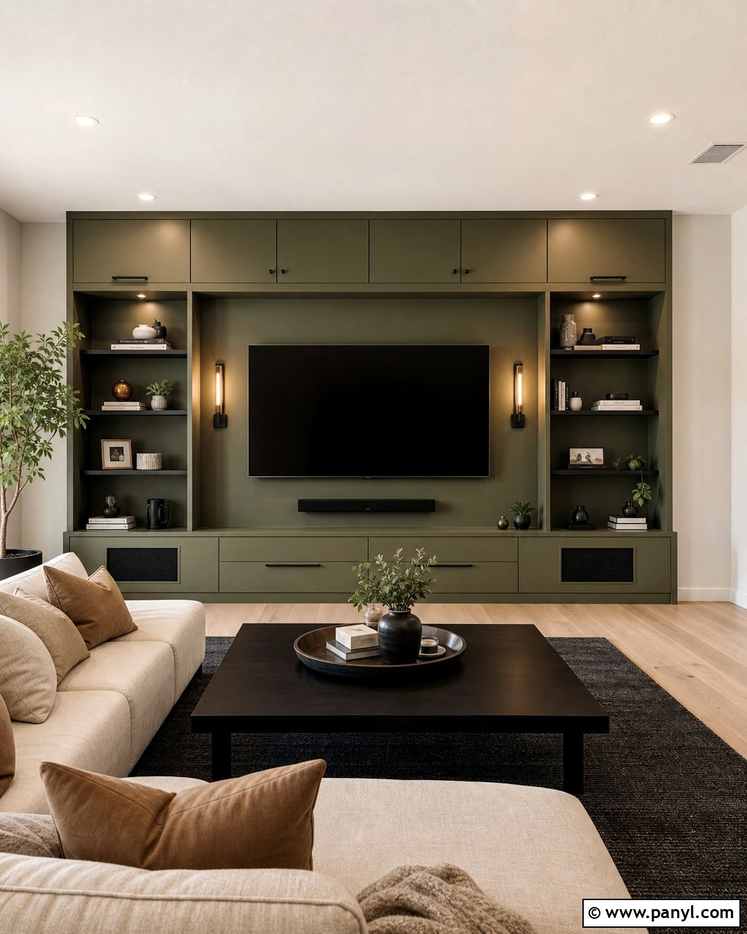 Olive Green Media Wall With Black Accents - 20 Olive Green Media Wall Ideas