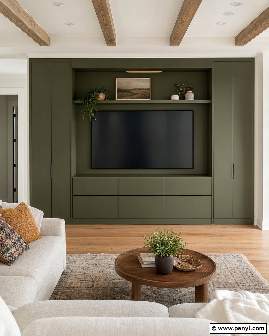 Olive Green Media Wall With Closed Storage - 20 Olive Green Media Wall Ideas