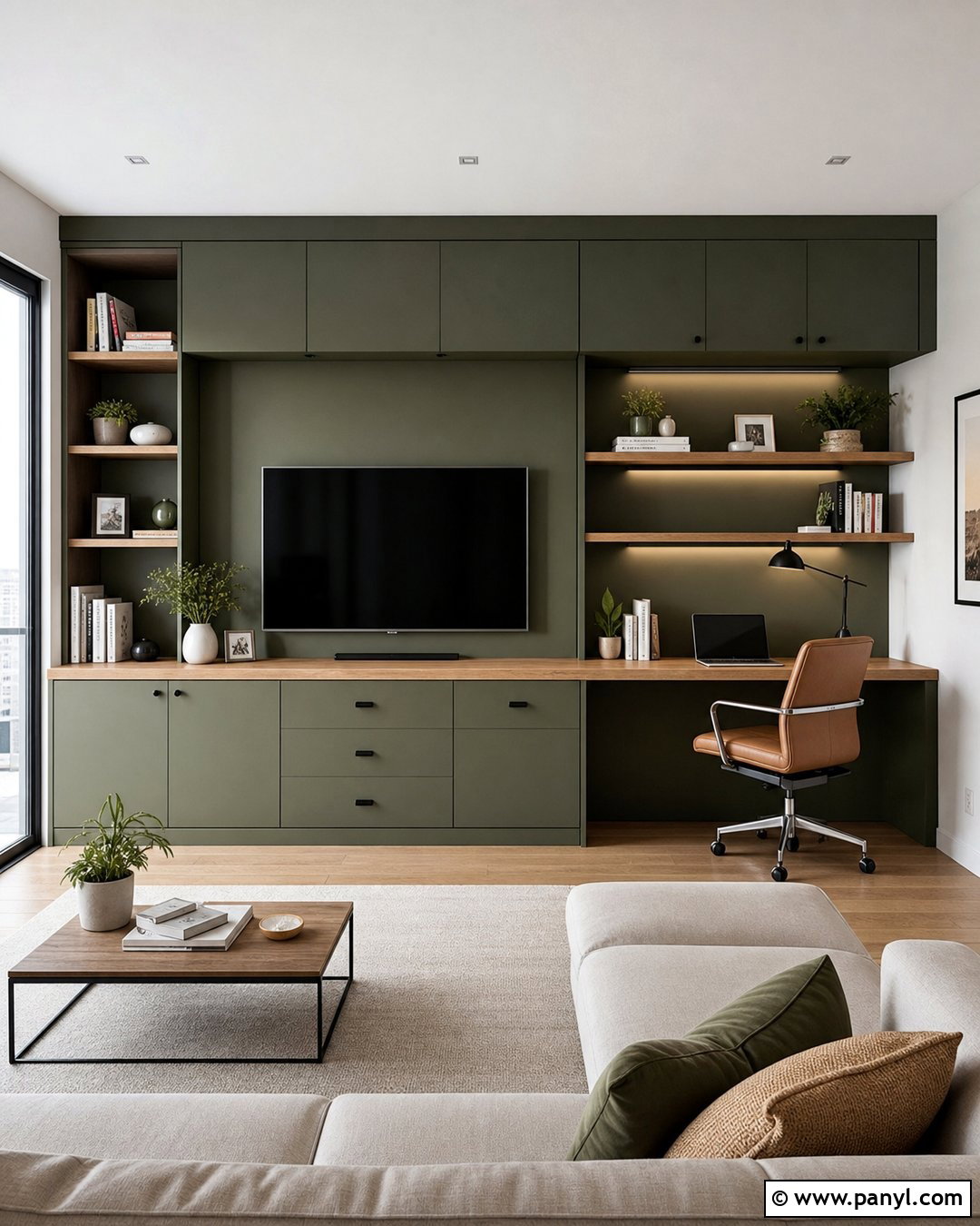 Olive Green Media Wall With Desk - 20 Olive Green Media Wall Ideas