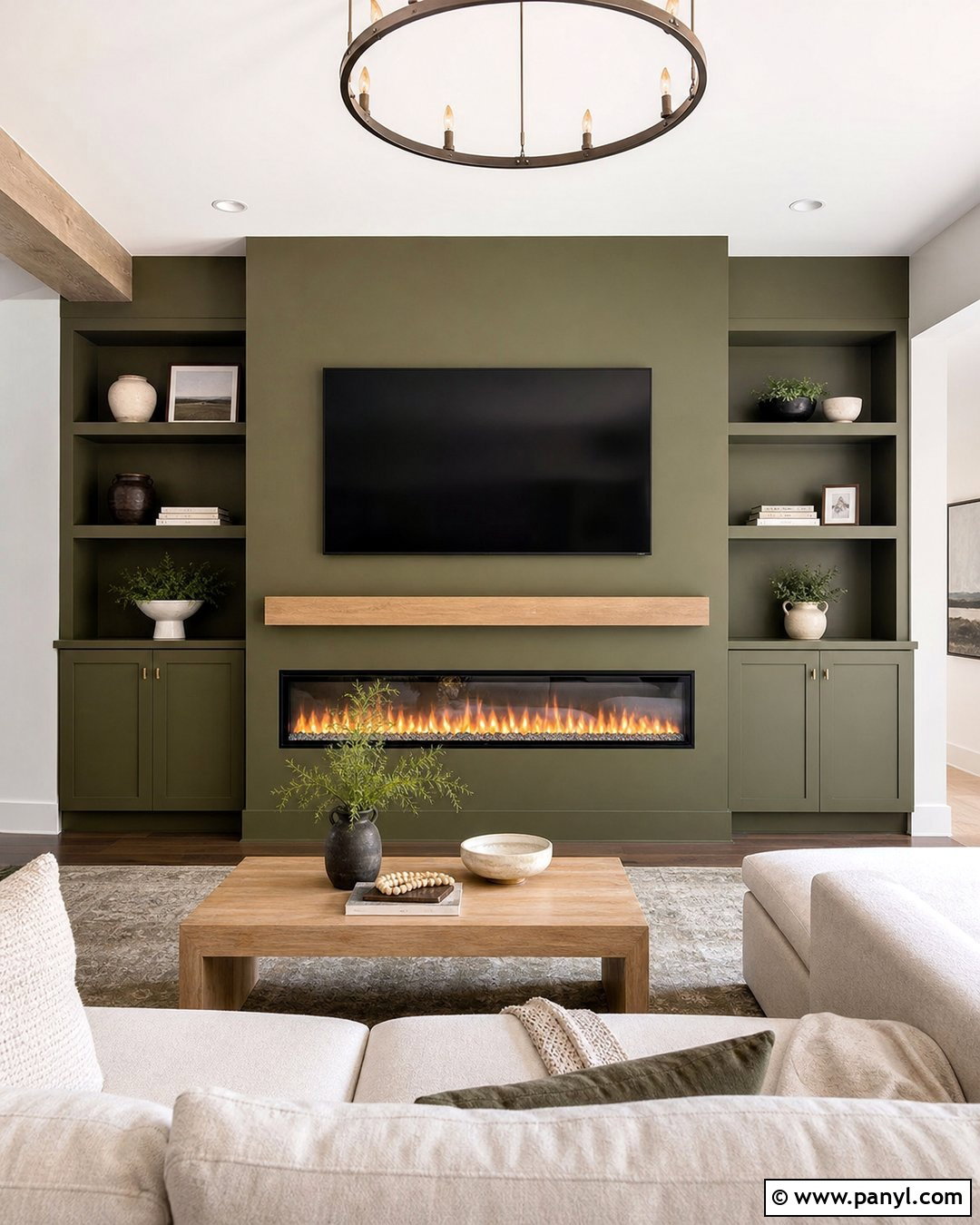 Olive Green Media Wall With Fireplace - 20 Olive Green Media Wall Ideas