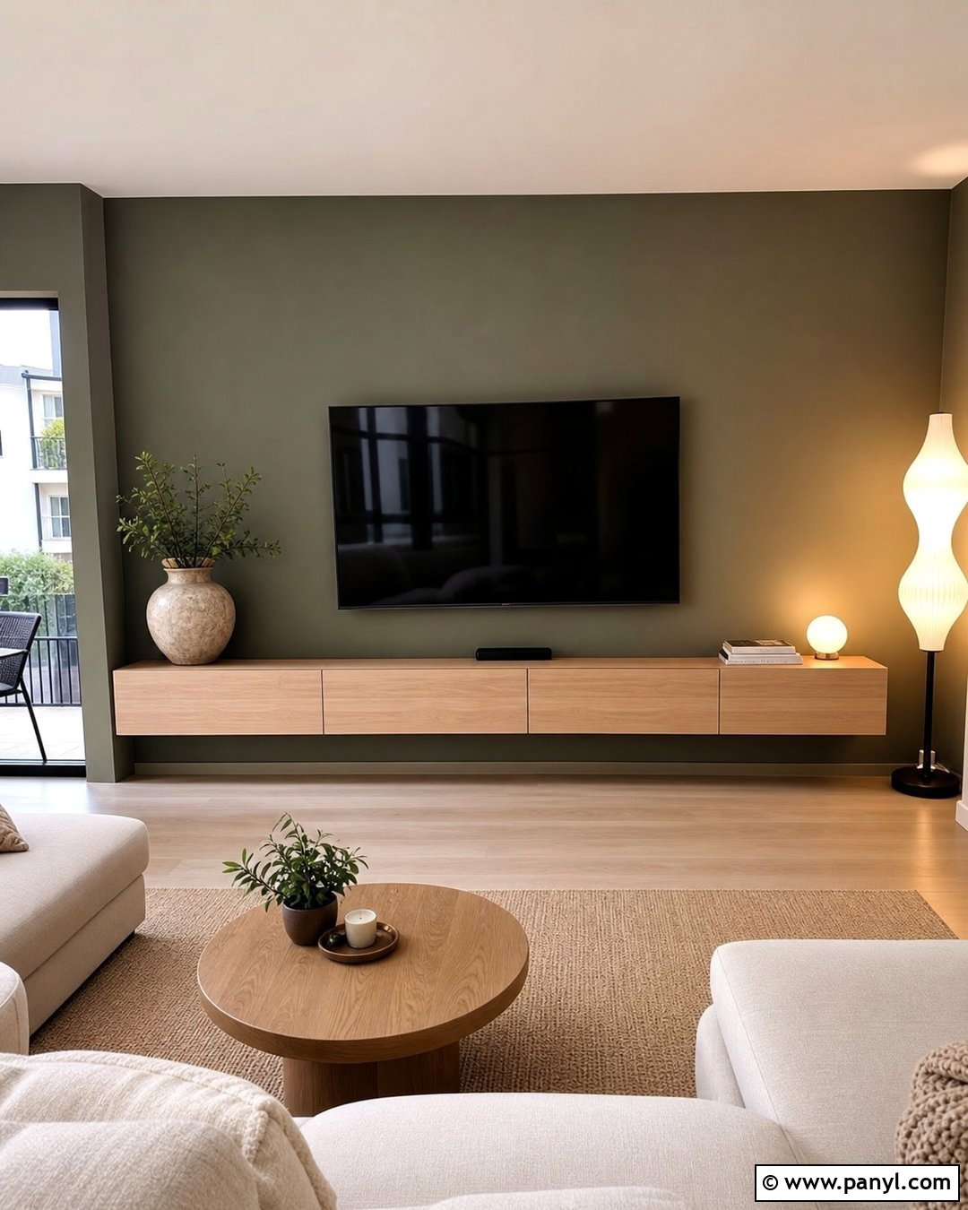 Olive Green Media Wall With Floating Cabinet - 20 Olive Green Media Wall Ideas