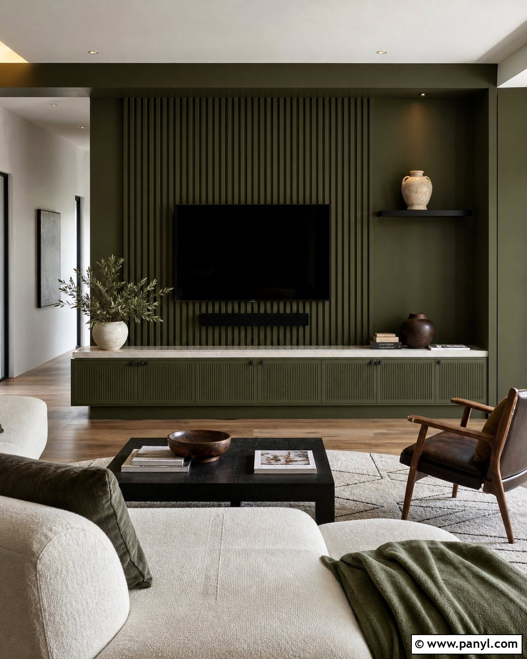 Olive Green Media Wall With Fluted Panels - 20 Olive Green Media Wall Ideas
