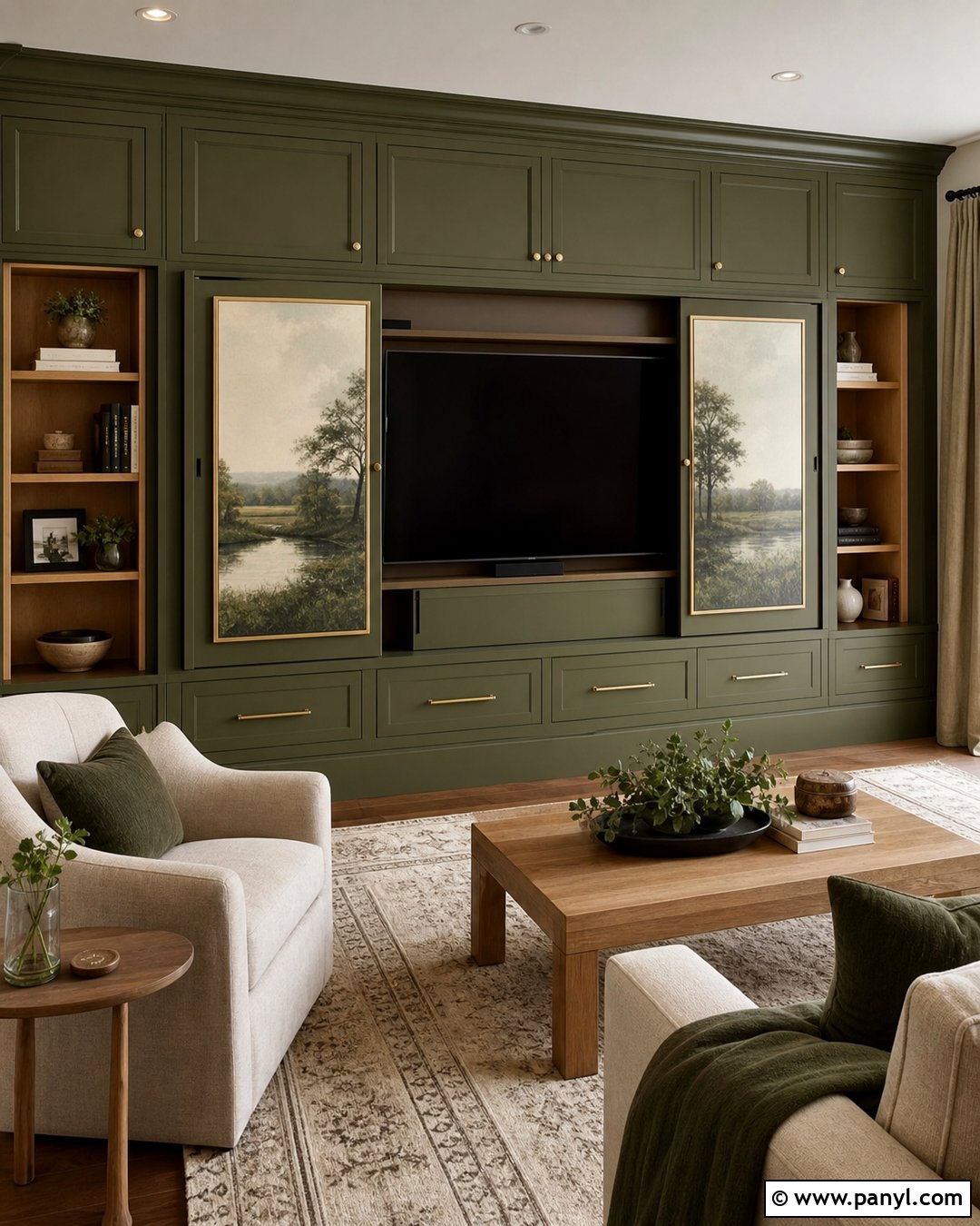 Olive Green Media Wall With Hidden TV - 20 Olive Green Media Wall Ideas