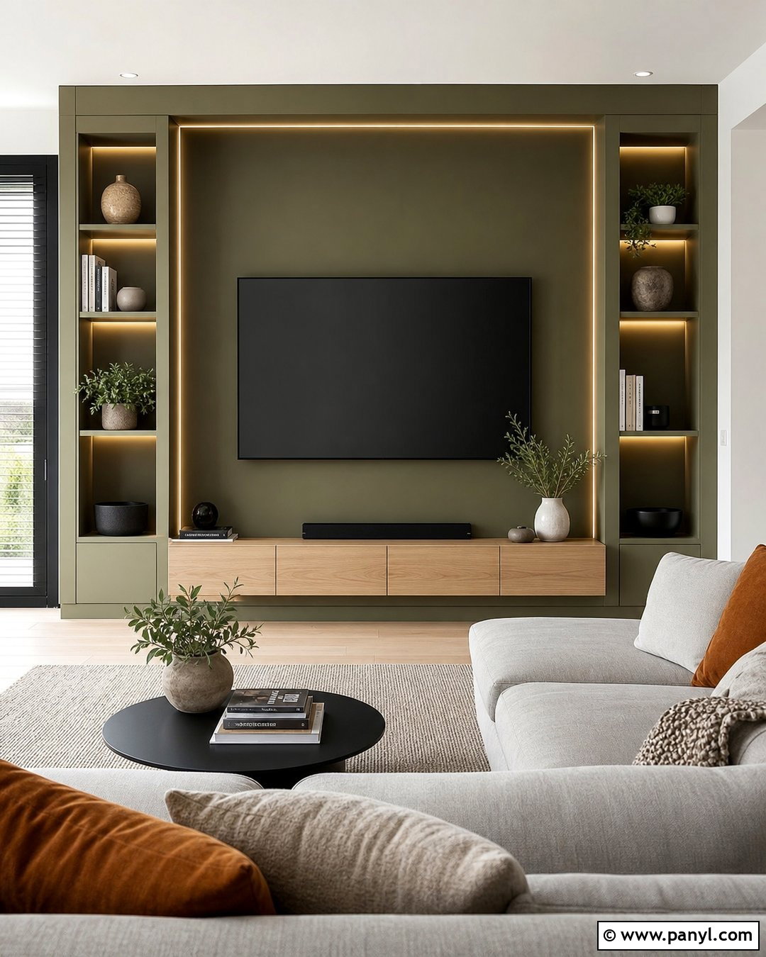 Olive Green Media Wall With LED Lighting - 20 Olive Green Media Wall Ideas