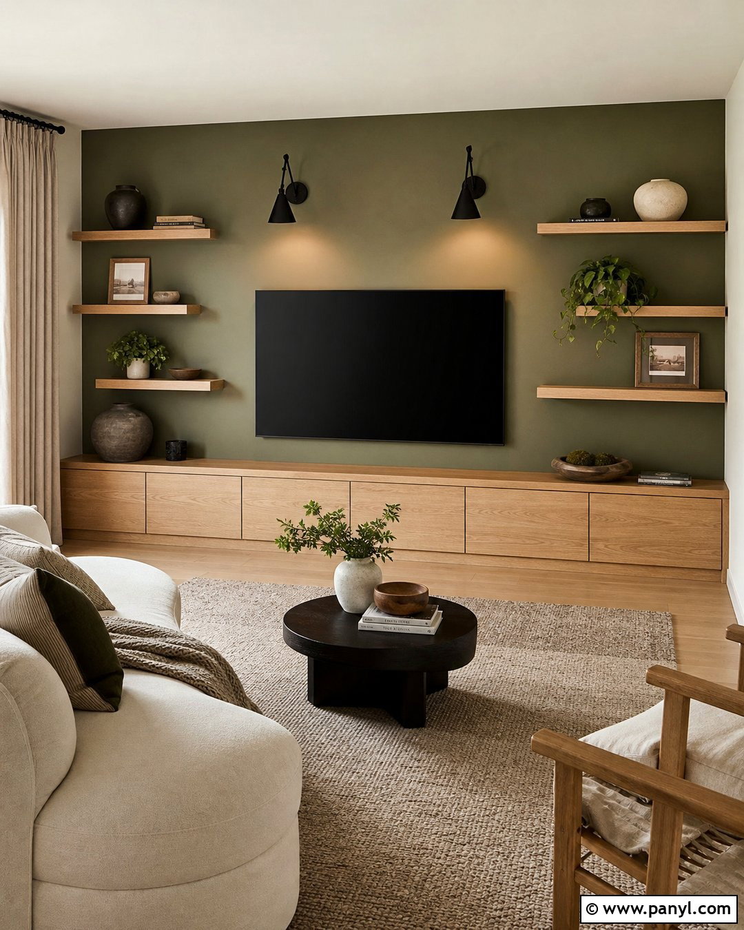 Olive Green Media Wall With Oak Cabinets - 20 Olive Green Media Wall Ideas