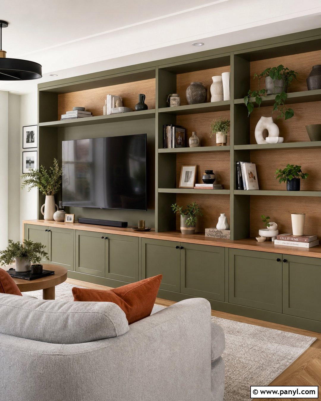 Olive Green Media Wall With Open Shelves - 20 Olive Green Media Wall Ideas