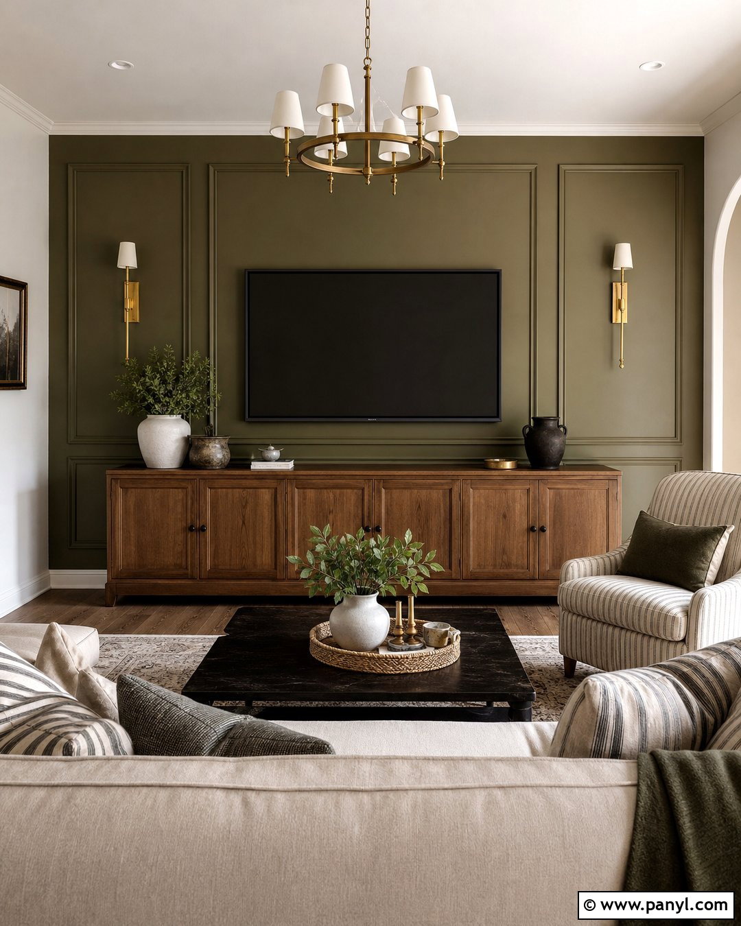 Olive Green Media Wall With Picture Frame Molding - 20 Olive Green Media Wall Ideas