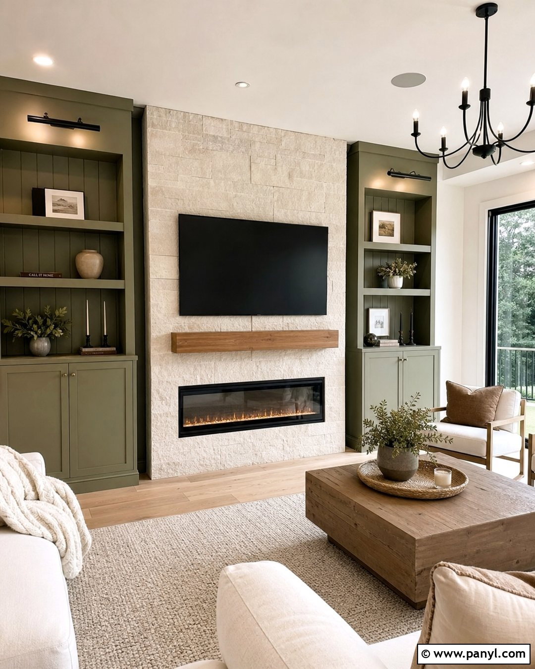 Olive Green Media Wall With Stone Fireplace - 20 Olive Green Media Wall Ideas