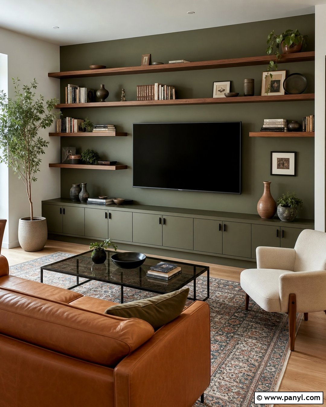 Olive Green Media Wall With Walnut Shelves - 20 Olive Green Media Wall Ideas