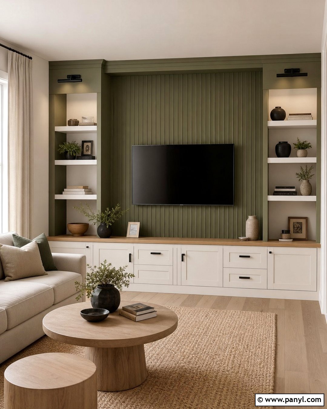 Olive Green Media Wall With White Cabinets - 20 Olive Green Media Wall Ideas