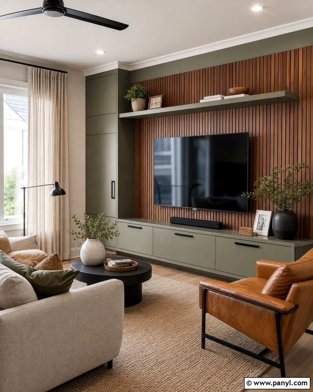 Olive Green Media Wall With Wood Slats - 20 Olive Green Media Wall Ideas