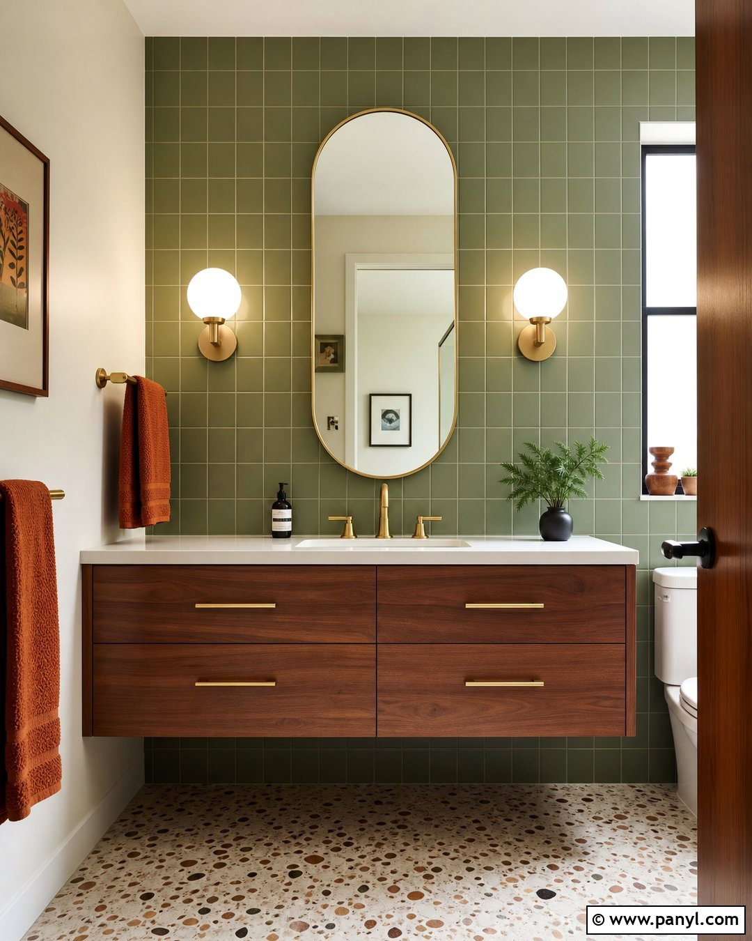 Olive Green Midcentury Bathroom Wall - 35 Green Accent Wall Bathroom Ideas