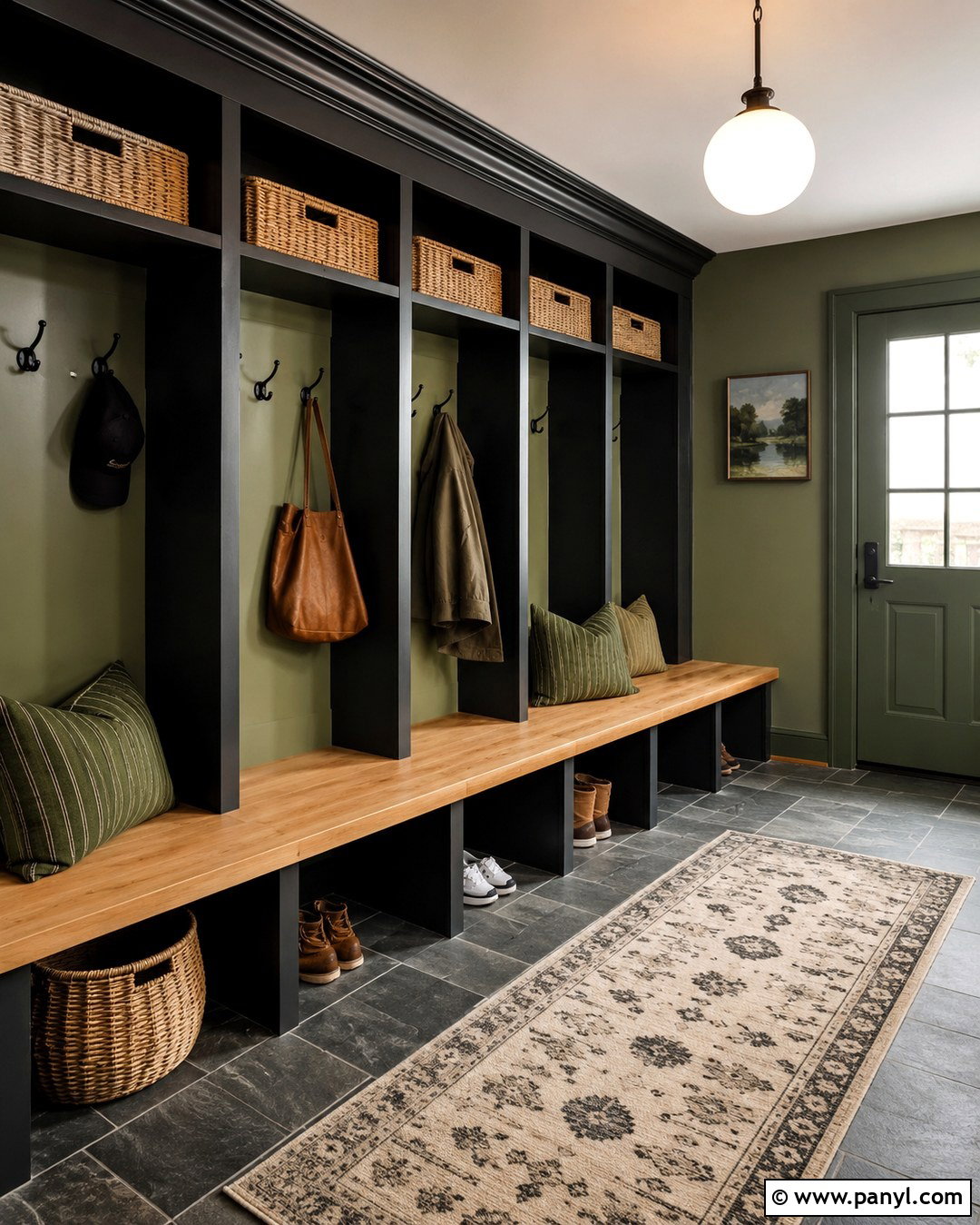 Olive Green Mudroom With Black Lockers - 20 Green And Black Painted Room Ideas